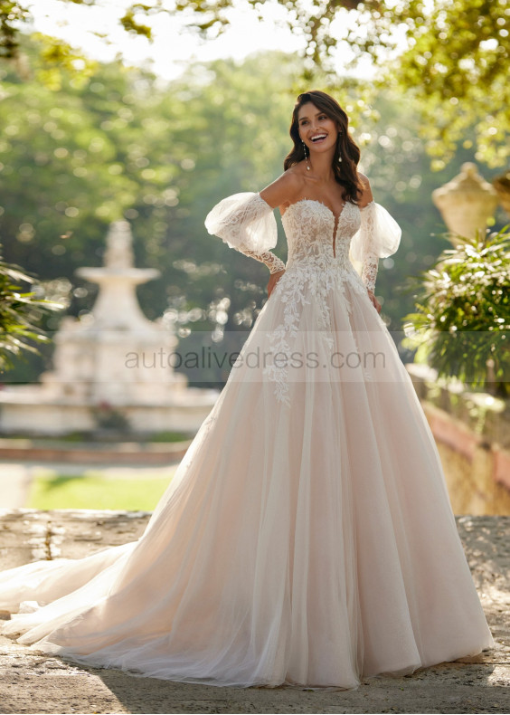 Beaded Lace Tulle Garden Wedding Dress With Detachable Sleeves